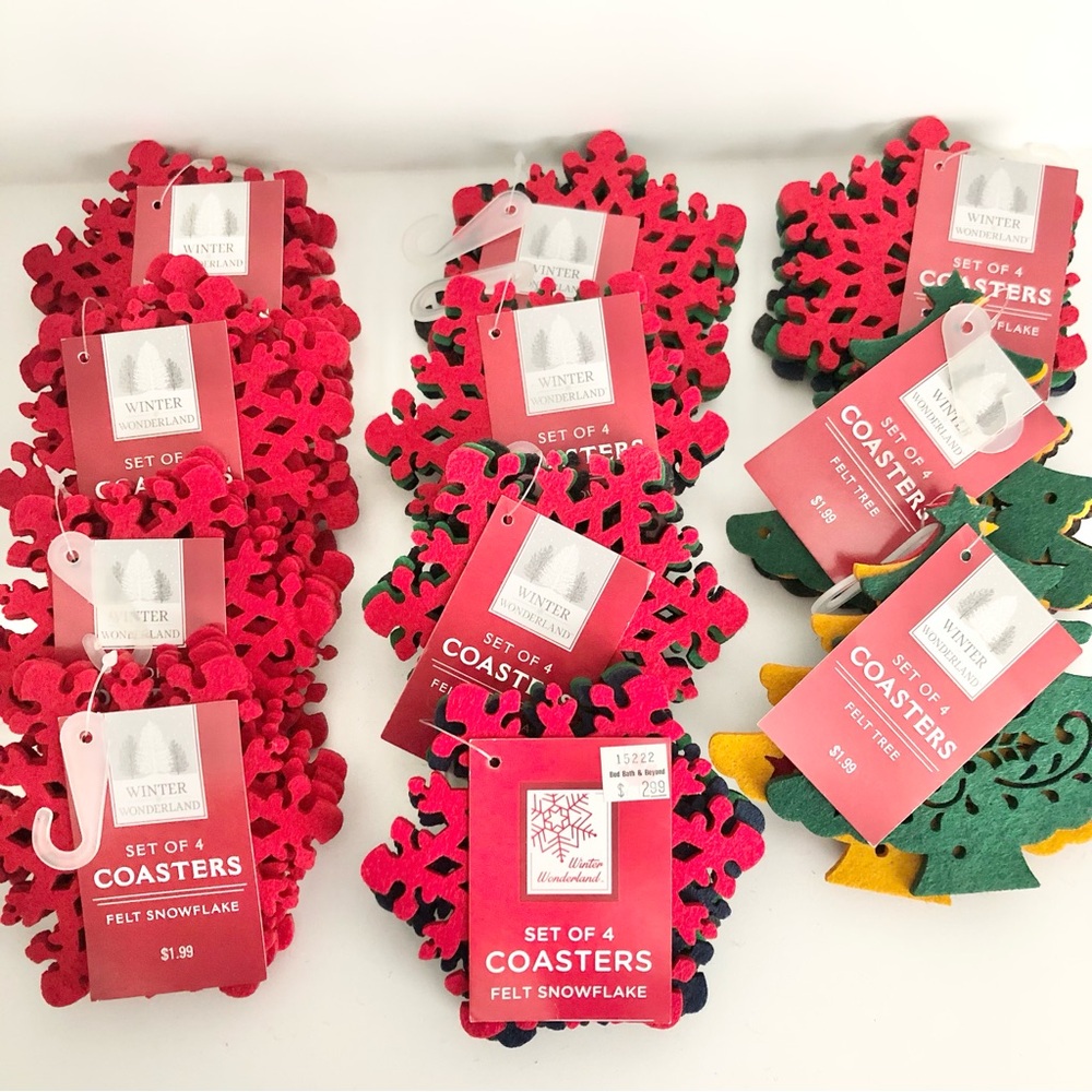 New 11 Sets of 4 Bed Bath & Beyond Felt Snowflake Holiday Winter Tree Coasters